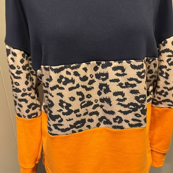 Colorblocked navy/animal print/orange crewneck long sleeve sweatshirt. Medium. - Picture 2 of 3